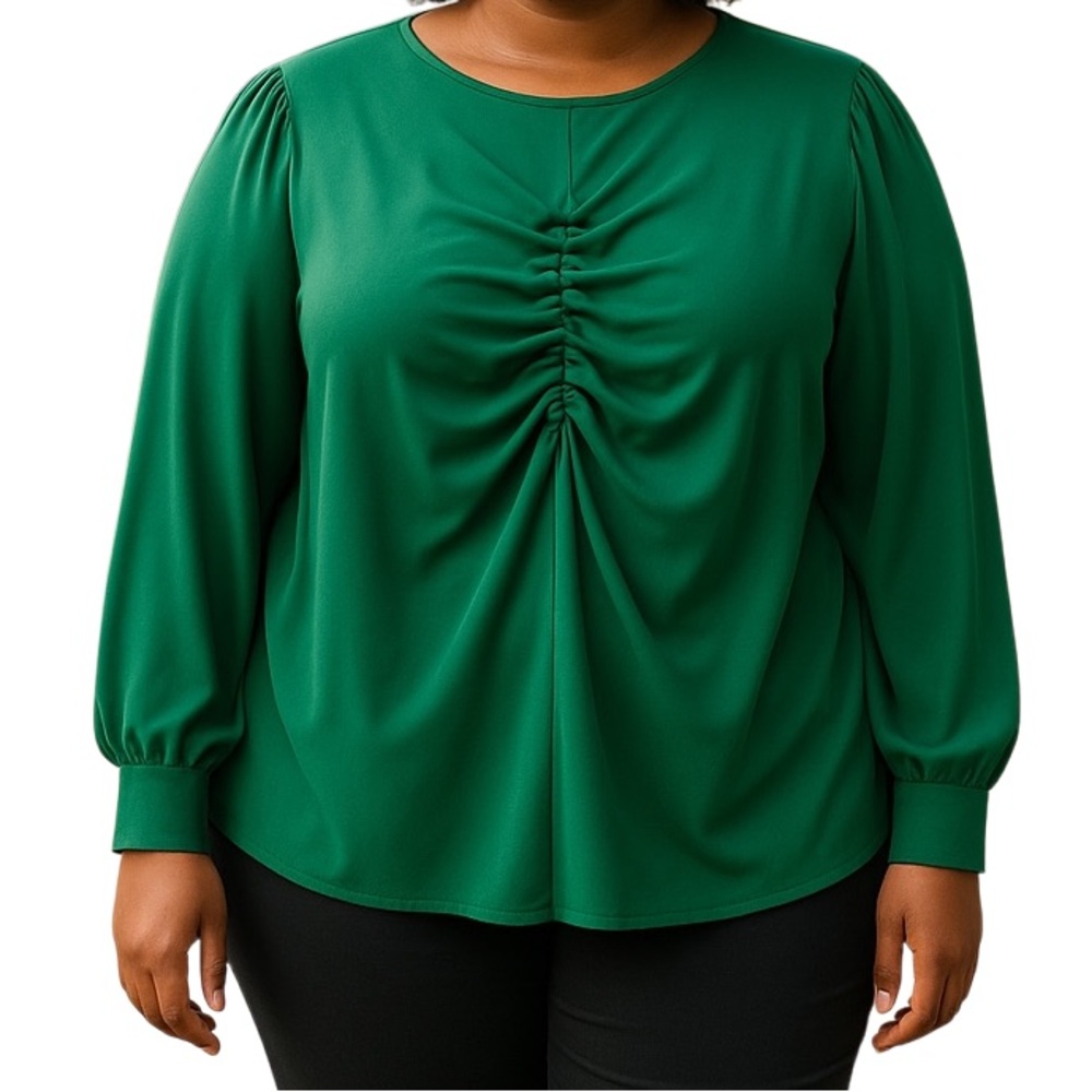 Eloquii Dark Green Long Sleeve Blouse with Gathered Front Detail 18/20